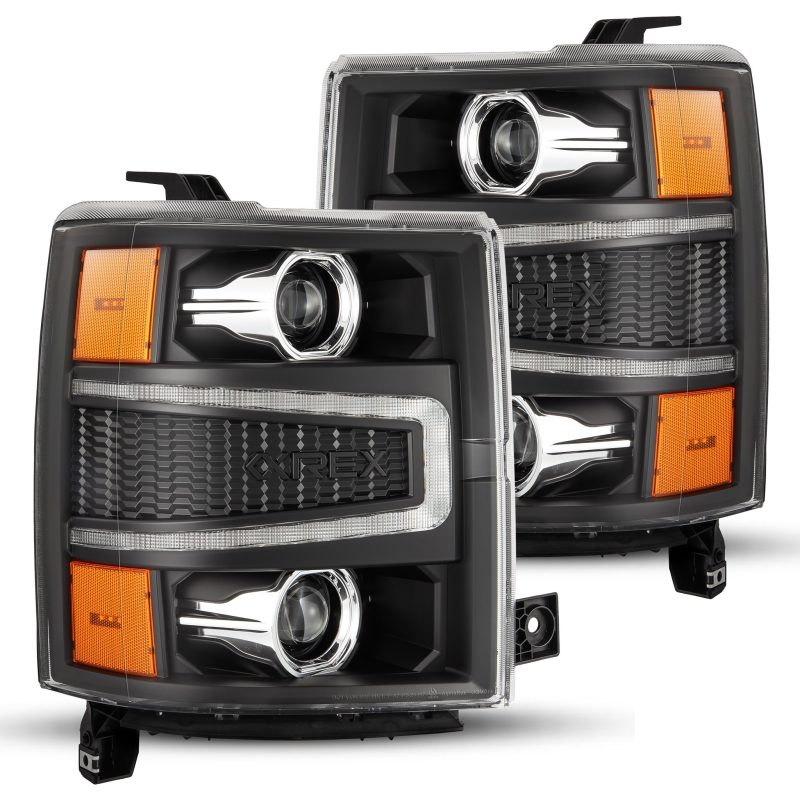 AlphaRex 14-15 Chevy 1500 PRO-Series Projector Headlights Black w/ Sequential Signal &  DRL AlphaRex 14-15 Chevy 1500 PRO-Series Projector Headlights Black w/ Sequential Signal &  DRL