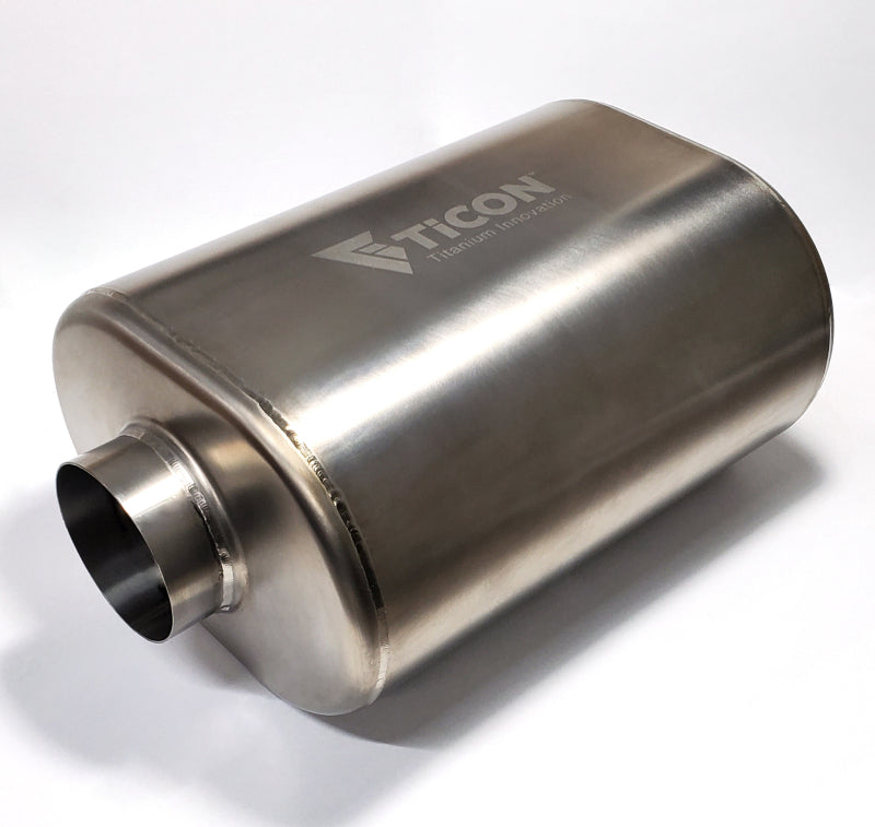 Ticon Industries 2.5in Oval (2.5in Center In / 2.5in Center Out) 12in L Ultralight Titanium Muffler Ticon Industries 2.5in Oval (2.5in Center In / 2.5in Center Out) 12in L Ultralight Titanium Muffler