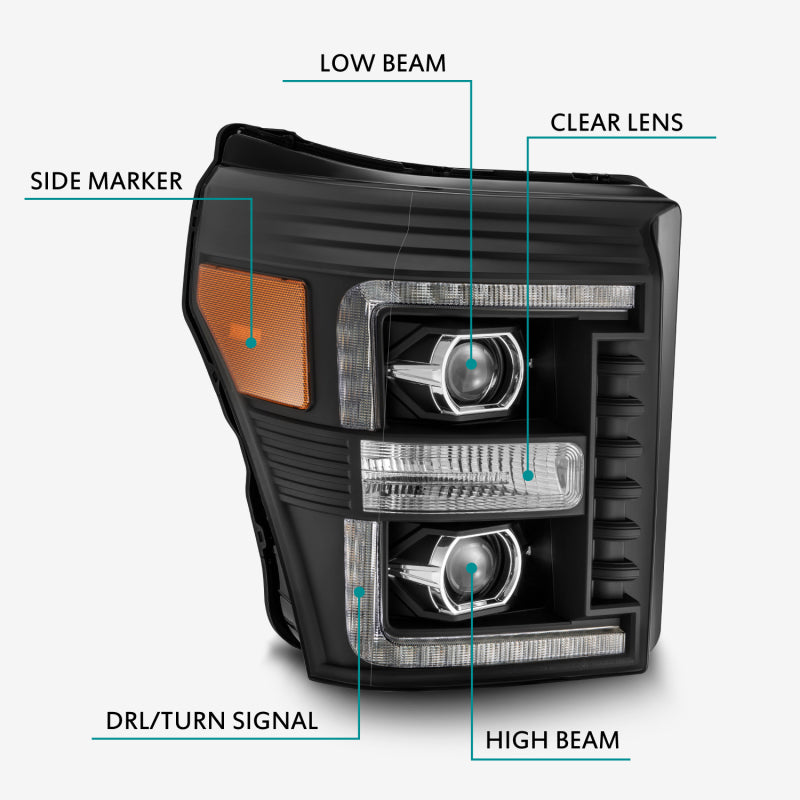 AlphaRex 11-16 Ford F-350 SD LUXX LED Proj Headlights Plank Style Black w/Activ Light/Seq Signal AlphaRex 11-16 Ford F-350 SD LUXX LED Proj Headlights Plank Style Black w/Activ Light/Seq Signal