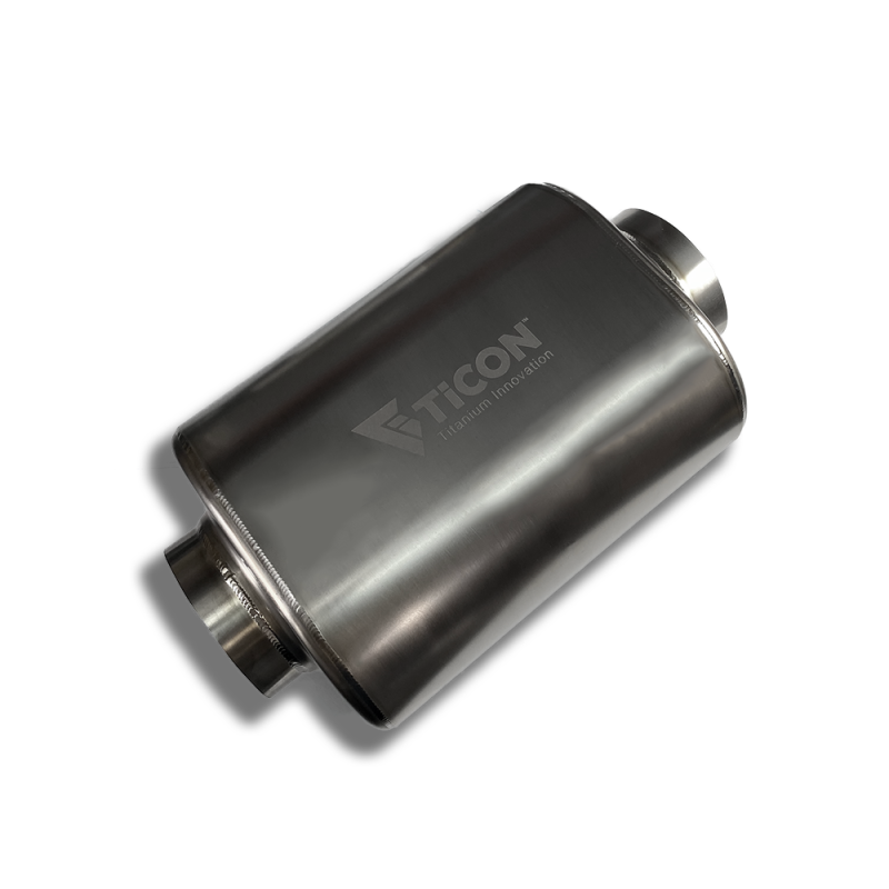 Ticon Industries 2.5in Oval (2.5in Center In / 2.5in Center Out) 17in L Ultralight Titanium Muffler Ticon Industries 2.5in Oval (2.5in Center In / 2.5in Center Out) 17in L Ultralight Titanium Muffler