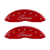 MGP 4 Caliper Covers Engraved Front & Rear Cursive/Camaro Red finish silver ch