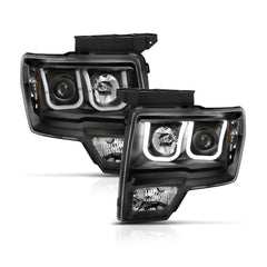 ANZO 2009-2014 Ford F-150 Projector Headlights w/ U-Bar Black Amber (HID TYPE) (WITHOUT HID KIT)