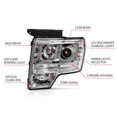ANZO 2009-2014 Ford F-150 Projector Headlights w/ U-Bar Chrome Amber (HID TYPE) (WITHOUT HID KIT)