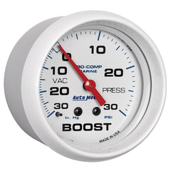 Autometer Marine White Gauge 2-5/8in Mechanical Vacuum/Boost Gauge 30INHG-30PSI