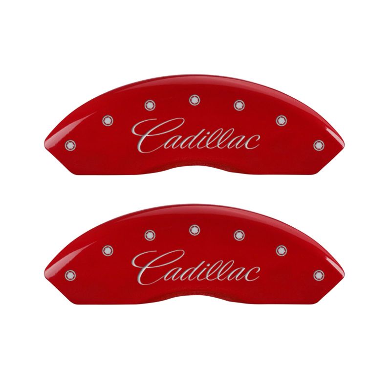 MGP 4 Caliper Covers Engraved Front & Rear Cursive/Cadillac Red finish silver ch