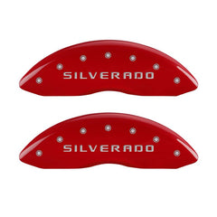 MGP 4 Caliper Covers Engraved Front & Rear Silverado Red finish silver ch