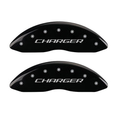 MGP 4 Caliper Covers Engraved Front & Rear Block/Charger Black finish silver ch