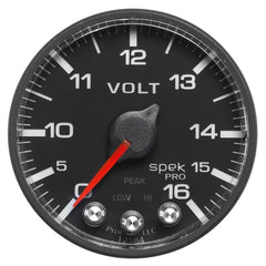 AutoMeter Gauge Voltmeter 2-1/16in. 16V Stepper Motor W/Peak & Warn Blk/Blk Spek-Pro