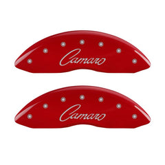 MGP 4 Caliper Covers Engraved Front & Rear Cursive/Camaro Red finish silver ch