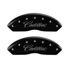 MGP 4 Caliper Covers Engraved F & R Cursive/Cadillac Black Finish Silver Char 2017 Cadillac XT5