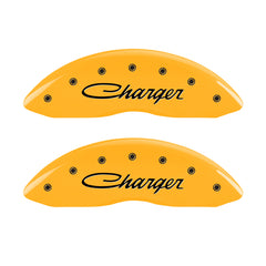 MGP 4 Caliper Covers Engraved Front & Rear 05-10 Dodge Charger R/T Yellow Finish Black Cursive Logo