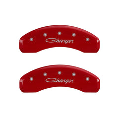 MGP 4 Caliper Covers Engraved Front & Rear Cursive/Charger Red finish silver ch