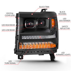 ANZO 16-18 Chevrolet Silverado 1500 LED Projector Headlights w/Plank Style Switchback Black w/ Amber