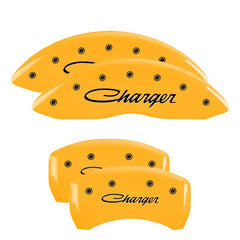 MGP 4 Caliper Covers Engraved F & R Cursive/Challenger Yellow Finish Black Char 2006 Dodge Charger